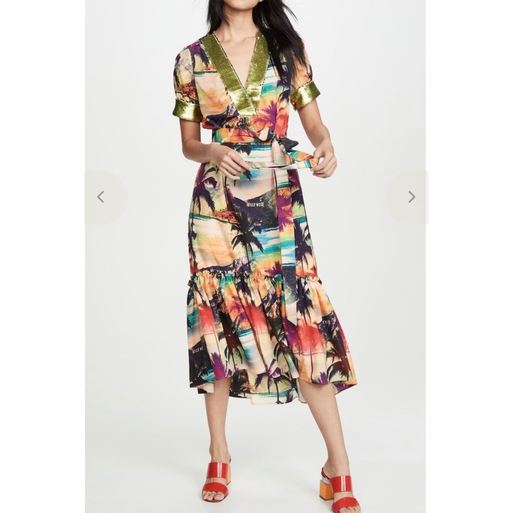 Le Superbe Beechwood Canyon Belted Midi Dress Tropical Palm Sequin Trim Multi L